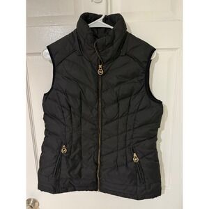 Michael Kors Womens Black Quilted Down Puffer Vest Gold Logo Hardware Size M